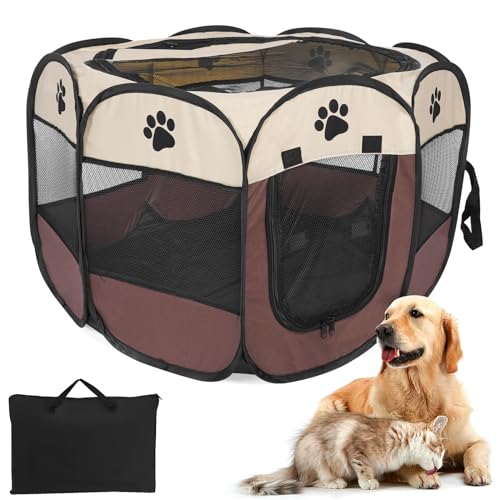 TIYOLAT Pet playpen, Cat Playpen, Dog Playpen Foldable Tent 8-Panel Mesh Cover Design Soft Oxford Playpen Kennel for Indoor/Outdoor Dog Cat Rabbit (S(28.5\" x 28.5\" x 16\"), Brown)