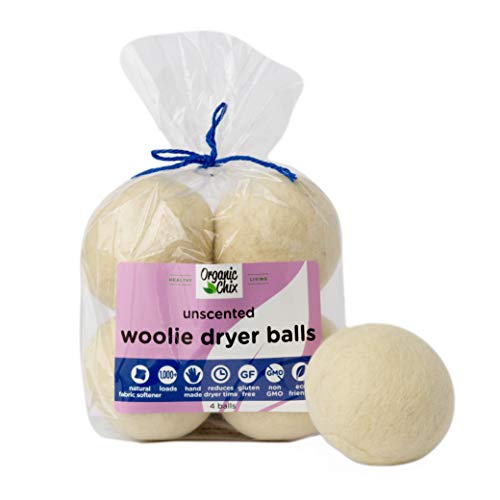 Organic Chix All Natural Unscented Dryer Balls - 100% Pure Wool, Reusable & Natural Alternative to Fabric Softener & Dryer Sheets - Handmade in USA, Non-GMO (4 Pack, 1000+ Loads)