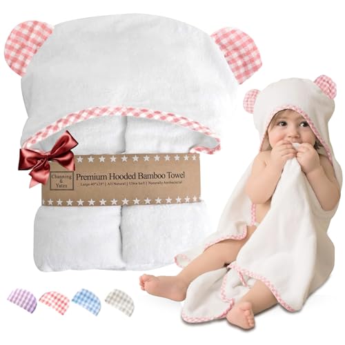 Image of Channing & Yates Premium Boutique Baby Towels for Girls - Hooded Girl Towel & Washcloth Set - Organic Viscose Made from Bamboo Baby Towels with Hood - Baby Girl Bath Towels (Pink)