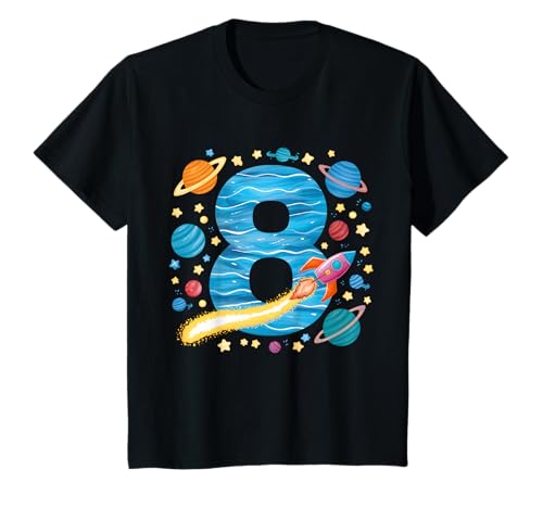 Crianças 8 aniversário menino 8 anos planeta espaço aniversário t-shirt, Preto, Criança 2