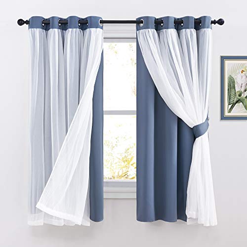 PONY DANCE Sheer Blackout Curtains - Thermal Insulated Double Layered Drapes for Bedroom Dining Room, Cortinas para Sala(52 Wide by 63 Long, Blue Haze, 2 PCs)