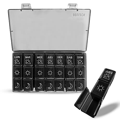 BEUTECK - Pastillero Semanal 3 Tomas, Organizador Medicamentos, Caja Medicamentos, Organizador De Pastillas para 7 Días (Negro)