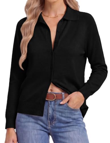 GRACE KARIN Women Lightweight Sweater Jacket Black Button Up Cardigans Sweater Collared Teacher Outfits 2026 Early Fall Fashion XL