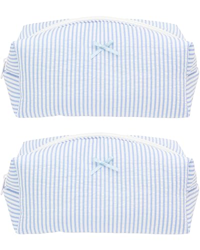 PAZIMIIK Cozy Makeup Bag for Women,Zipper Cosmetic Pouch,Stripe Blue,2 Pack