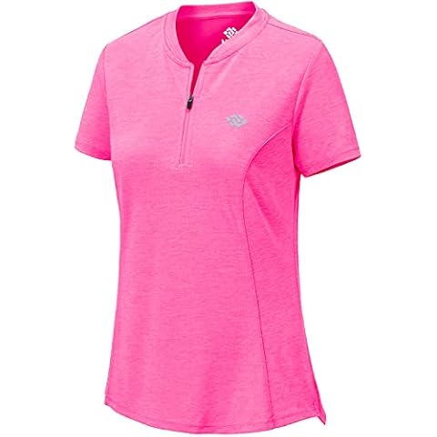 AjezMax Women's Sport Tee Shirts UPF 50+ Sun Protection Workout Short Sleeve Shirts Quick Dry Yoga Gym Top with 1/4 Zip Rose Pink XL Cover