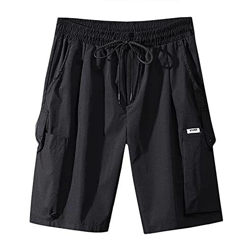 iCODOD Men's Summer Breathable Running Casual Loose Multi-Pocket Elastic Belt Drawstring Cargo Shorts (Black, L)