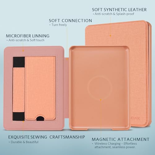 Image of CoBak Lightweight Stand Case for 7 inch Kindle Paperwhite 12th Gen 2024 and Kindle Colorsoft with Right Hand Strap - Compatible with iPhone MagSafe, for Samsung /Belkin /Anker Wireless Charging Pads