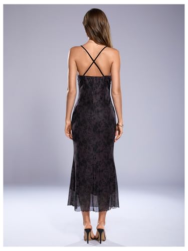 Image of SOLY HUX Women's Floral Mesh Bodycon Cami Dress Cowl Neck Sleeveless Cocktail Party Wedding Guest Long Maxi Dresses