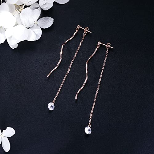 Sluynz 925 Sterling Silver Cz Droplet Dangle Earrings Chain For Women Teen Girls Long Dangle Earrings Curved Tassel (C-Rose Gold Plated) #TOP3