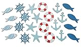 Shoreside Nautical Coastal Cruise Ship Miniature Beach Themed Arts and Crafts Wood Cut Outs Sea Ring, Anchor, Captain Wheel, Fish, and Starfish (24 Pieces)