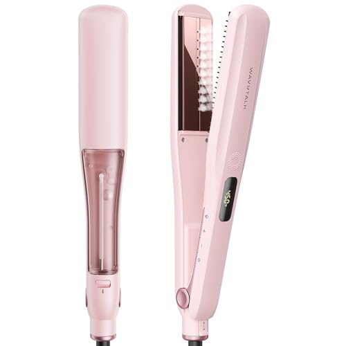 Wavytalk Steam Sesh Hair Straightener, Steam Reduces Damage, Nourishes Hair, and Expedites Straightening, 1.38'' Nano Titanium Flat Iron with Detachable Comb for Silk Press Smoothing & Blowout, Pink