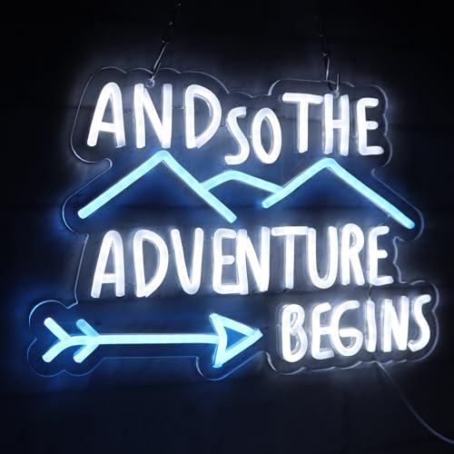 Image of and so the Adventure Begins Neon Signs for Wall Decor Neon Lights Led Signs Suitable for Bedroom Office Man Cave Bar Pub Christmas Party 5V Usb Power 10.8 * 16.1 Inch(White+Azure)