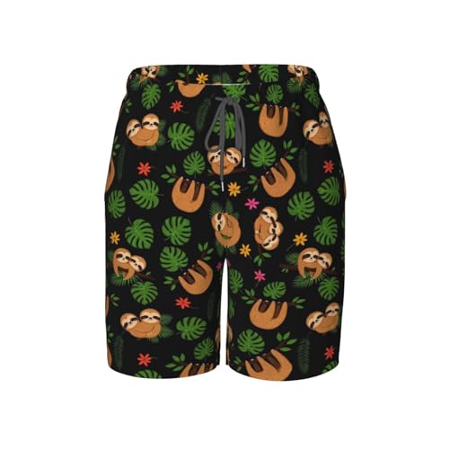 VAFZASC Boys Quick Dry Swimming Trunks Tropical Green Leaves Sloth, Fashion Board Shorts with Drawstring and Pocket for Surfing, 7-8