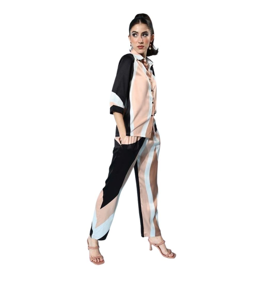 Women's Satin Colour Block Long Sleeves Co-Ord Set (Beige - Black, 2XL)-PID65328-picture-13