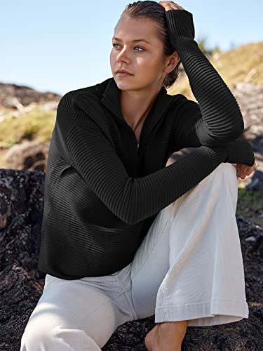 Anrabess Sweater For Women Oversized Quarter Zip Long Sleeve V Neck Collared Casual Curved Hem Slouchy Ribbed Knit Thumb Hole Pullover Shirt 2023 Fall Winter Trendy Clothes Tops 624Heise-S Black #TOP6