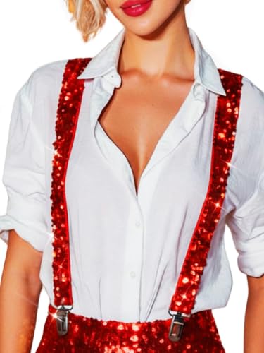 TWINKLEDE Sequin Fashion Suspenders Y-Back Suspenders Christmas New Year Eve Costume for Men and Women (Red, One size)
