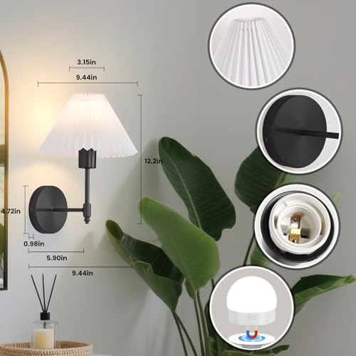 Image of Battery Operated Wall Sconces Set of 2,Black Rechargeable Wall Lights with Remote,Dimmable Wall Lamp with Pleated Shades,15 Colors Wireless Bathroom Vanity Wall Light for Bedroom Living Room Hallway