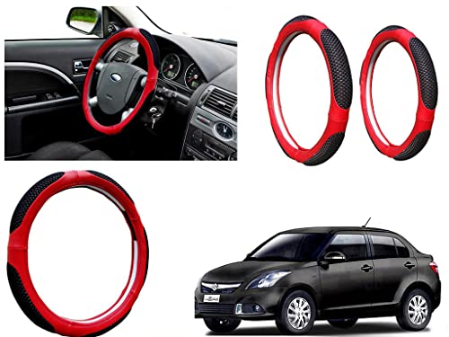 Image of Microfiber Car Steering Wheel Cover, Soft Padding Great Hand Feel, Anti-Slip, Faux Leather Steering Cover for Maruti Suzuki Swift Dzire Type3 | Black Red Jali - Pack of 1