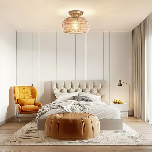 Semi Flush Mount Ceiling Light, Upgraded Modern Close to Ceiling Light Fixture with Amber Glass,Gold Indoor Kitchen Lighting for Porch Corridor Hallway Bedroom, Bulb Not Included