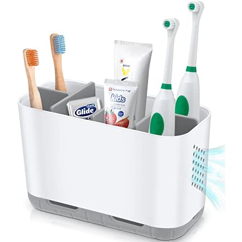 Boperzi Toothbrush and Toothpaste Holder Drainage for Bathroom Countertop with Adjustable Dividers, Large Toothpaste Caddy Organizer Storage Rustic Decor Set Anti-Slip for Shower,Family,Kids Gray