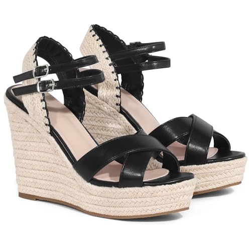Allegra K Allegra K Women's Espadrilles Platform Wedges Open Toe Wedge Heel Black Sandals 8.5 M US