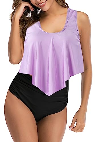 Image of Women High Waisted Bikini Swimsuit Flounce Vintage 2 Piece Bathing Suits | Vintage,tummy control,two piece bathing suits,plus size,swimwear,ruffled,tankini top,bikini bottom