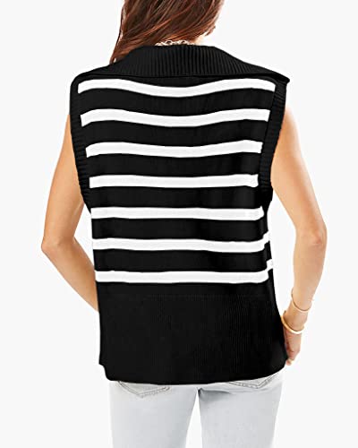 Womens Striped Zipper Sweater Vest Tank Tops Lapel Summer Sleeveless Pullover Casual Lightweight Knit Top Black #TOP1