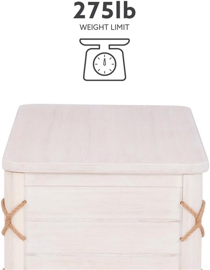MAKLAINE Cedar Lined Storage Chest, 38 Inch White Distressed Wood Finish, Rope Detail, Versatile Blanket Chest for Seating, Table or Storage, Traditional Style for Bedroom or Living Room Use