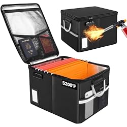 TOMKID 5200°F Fireproof Document Box, Fire Important Document Organizer with Lock, Upgraded Heat Insulated Filing Storage Cabinet Office Organization (5200°F Fireproof Box, Black)