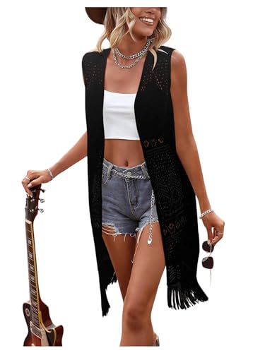 MakeMeChic Women's Fringe Vest Sleeveless Crochet Open Front Vintage Western Sweaters Cowboy Cardigan