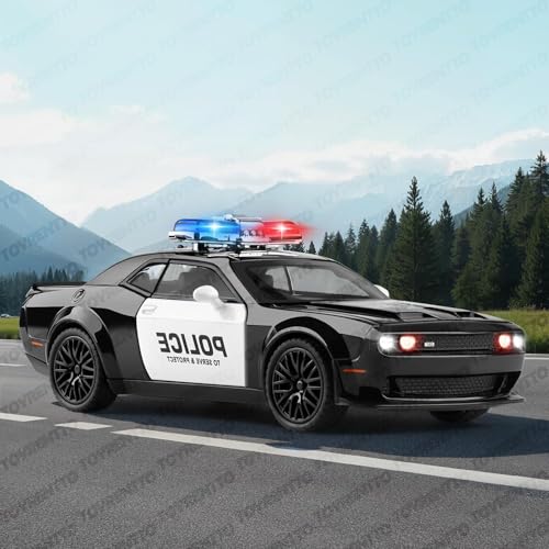 Image of 1:32 Die?Cast Dodge Challenger Hellcat Police Car Toy - Pull?Back, Light & Sound, Openable Doors /Hood /Trunk, Rubber Tires - Boys 3-12 Gift, Black