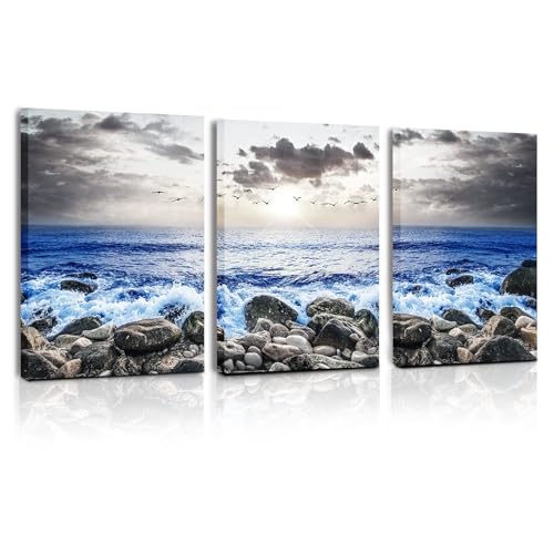 SERIMINO Beach Wall Art, Coastal Wall Art, Ocean Wall Decor, Modern Landscape Paintings Art Prints 3 Pieces Set, Seaside Canvas Pictures for Living Room Bedroom Bathroom Home Office Decoration 20"X28"