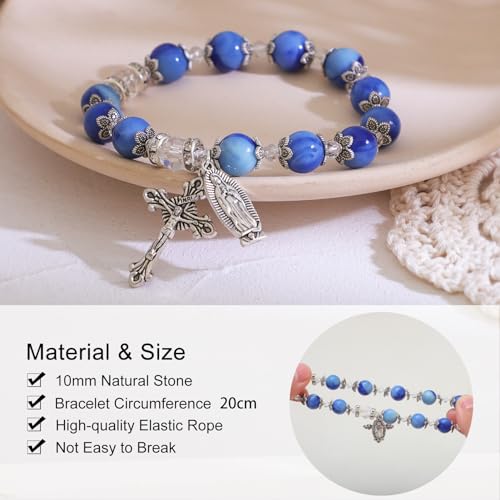 Komi Gemstone Beaded Stretch Bracelet 10Mm Round Beads Catholic Rosary Bracelet With Crucifix & Guadalupe Medal, Beads Bracelet For Women Catholic Religious Jewelry thumb #2