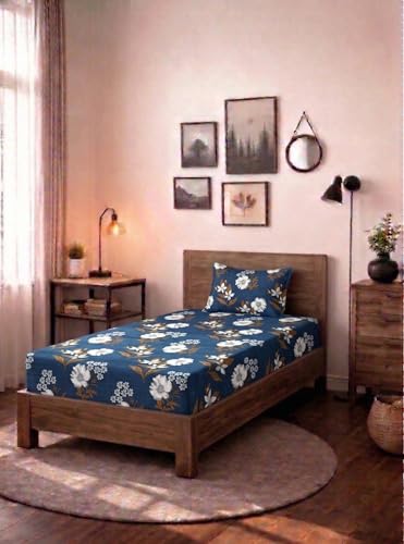 Image of HOMEKART (110 TC & 110 GSM 100% Cotton Feel Bedsheet for Single Bed with One King Size Pillow Covers Soft /Breathable Wrinkel Free -60x90 Inches - (Dark Bue & WHI)