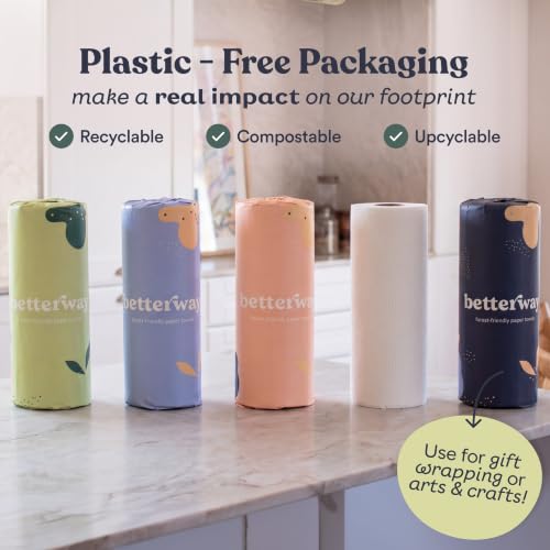 Image of Betterway Bamboo Paper Towels - 6 Rolls, 2 Ply - Plastic Free, Disposable Kitchen Paper Towels - Select Size, Tree Free, Compostable, Strong & Absorbent, No Dyes - PFAS Free