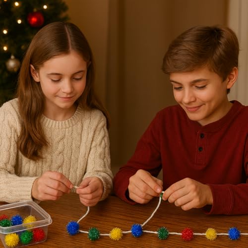 Essentials By Leisure Arts Pom Poms 1 Inch Tinsel Christmas 24 Pack – Fluffy Holiday Craft Supplies for Decorations & DIY Ornaments – Red Green Blue Yellow Colors