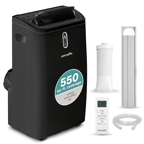 SereneLife Portable Air Conditioner, 12000 BTU Capacity (ASHRAE) Compact Home A/C Cooling Unit with Dehumidifier and Fan Modes, 380 Sq. Ft. Coverage, Includes Window Mount Kit (Black)