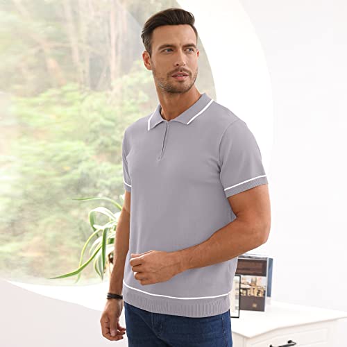 Mens Short Sleeve Polo Shirts Regular Fit Casual Solid Knit Quarter Zip Up Golf Pullovr Tops Grey #TOP1