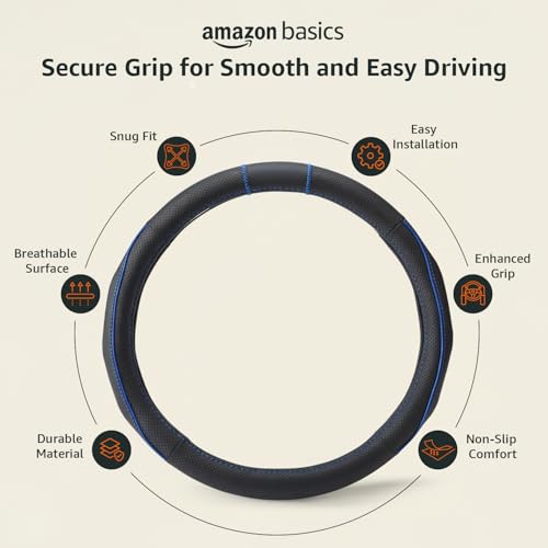Image of Amazon Basics Leather Steering Wheel Cover (Medium - 38 cm) | Breathable, Non-Slip Polyvinyl Grip with Sporty Black Stitching & Easy Installation (Black and Blue)