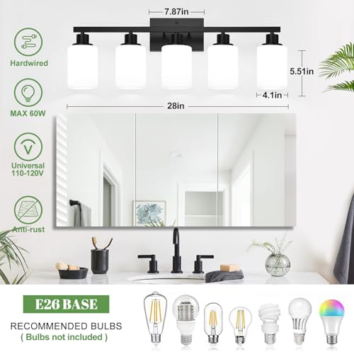 Image of 5-Light Bathroom Light Fixtures, Vanity Light with Milky White Shades, Matte Black Bathroom Light Fixtures Over Mirror, Modern Bathroom Wall Lamp for Mirror Living Room Cabinet Bedroom