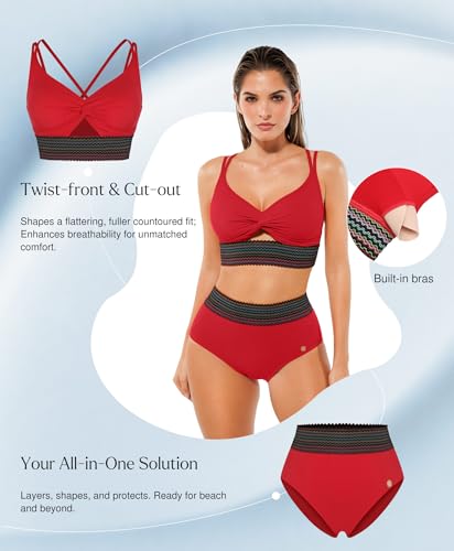 Popilush Women Bikini Set Twist Front Cutout High Waisted Tummy Control Two Piece Swimsuit Cross Back Removable Pads Color Red Size XL — view 3