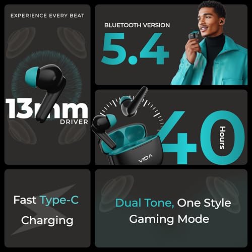 Image of VIDA Beats Air - Black Ice Blue | 13mm Drivers | Dual Speaker | 40H Playtime | Gaming Mode | Bluetooth 5.4 | Dual Mic | Type-C Fast Charging | IPX4 | Touch Controls | Made in India
