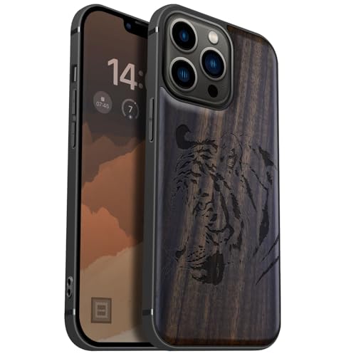 Coque iPhone 13 Pro bois MagSafe étui antichoc gravure tigre
