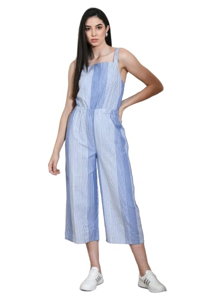 Tondra Women’s Blue Striped Sleeveless Jumpsuit with Belt | 100% Cotton | Skin Friendly Fabric