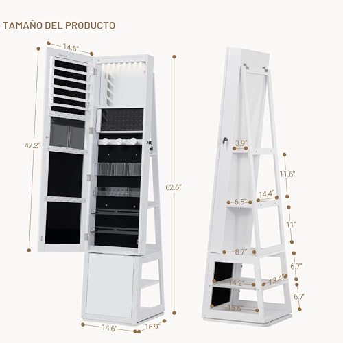 Miniatura 7 de Hzuaneri Armario Joyero 16 Leds, 160cm Organizador De Pie Para Joyas Con Base Giratoria De 360 , Espejo De Cuerpo Completo Con Cerradura, Blanco Y Negro Jc16003b