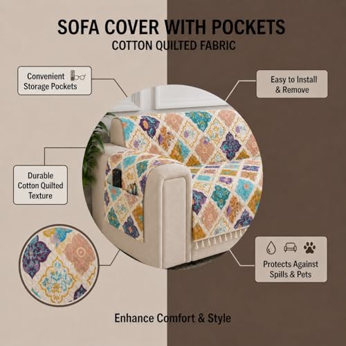 Image of STITCHNEST 'Frostvine Collection' 3 Seater Sofa Cover | Full Coverage with Armrest Pockets | Cotton Quilted Fabric, Decorative Tassels, Washable & Durable for Modern Living