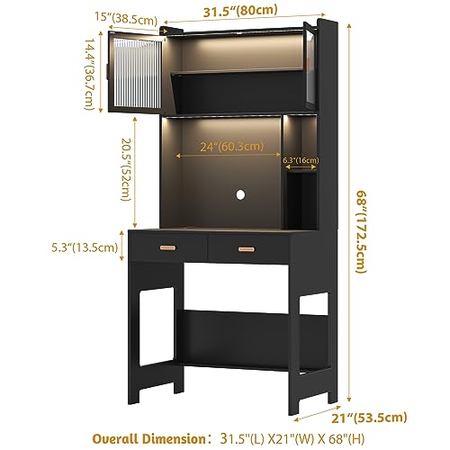 LVSOMT Home Office Desk with Hutch and Drawers, Modern Computer Gaming Desk with LED Lights & Power Outlets, Black Study Table with Storage Shelves, Teen Writing Desk for Bedroom, 31.5\'\' W - Thumbnail 2
