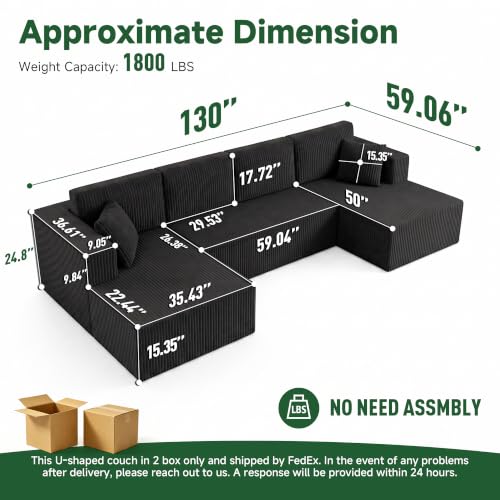 Image of 130 inch Boneless Couch U-Shaped Sectional Sofa, Black