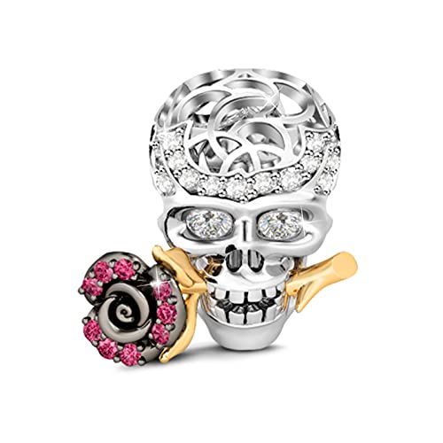 GNOCE "Schädel Liebe Rose Charm Anhänger 925 Sterling Silber Perlen Charms mit weißen und Rosen Zirkonia für Armbänder Halsketten (Silber) Cover