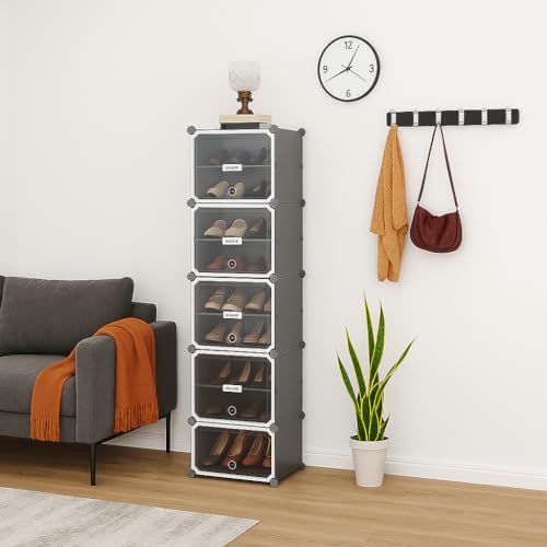 Image of Strassis Design Plastic Shoe Rack for Home | 10 Shelf DIY Shoe Rack with Door Magnets for Home Storage Plastic Box Organizer, Metal Door Frame, Chappal Slipper Sandals Stand (Grey, 5 Door)